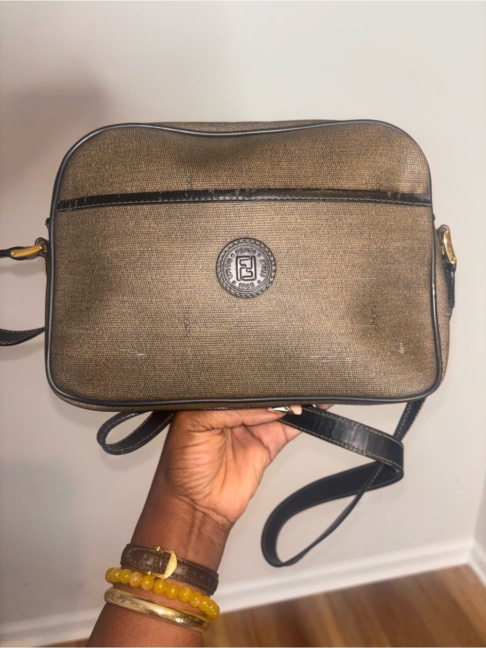 Vintage Fendi Brown Canvas Messenger Bag with Black Trim Siri dust bag